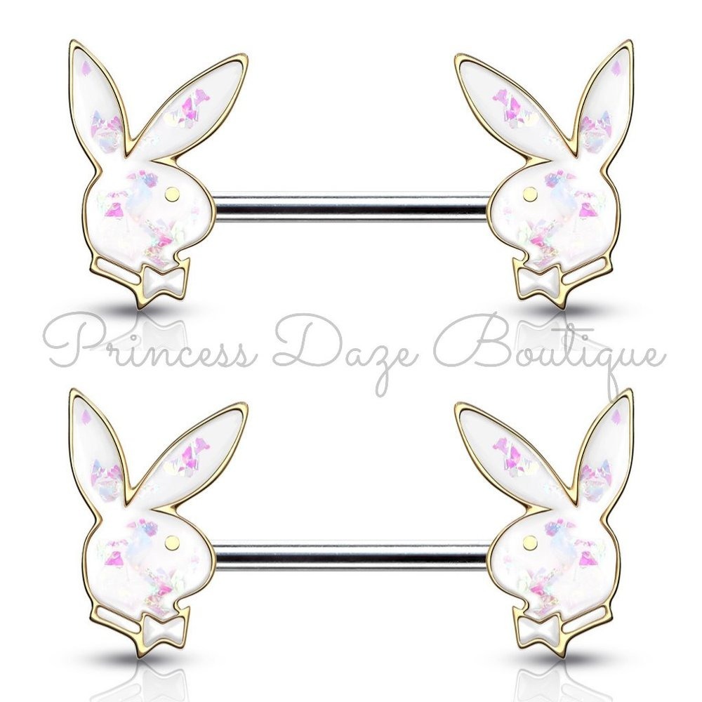 Playboy Gold/ White Opal‎ Barbell Nipple Ring